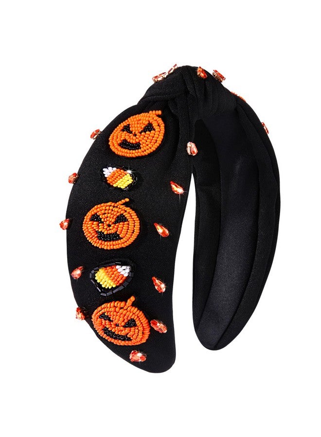 NVENF Halloween Headband Accessories For Women Crystal Pearl Knotted Headband Embellished Beaded Pumpkin Candy Corn Boo Headbands Rhinestone Jeweled Top Knot Headband Costume Party Favors (Pumpkin 5) - Image 2