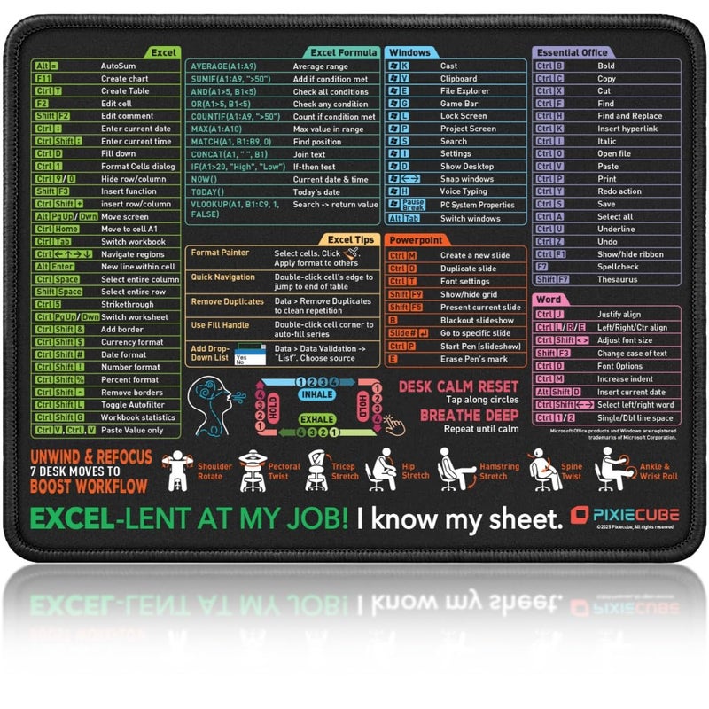 Pixiecube Excel Shortcut Mouse Pad with Windows, Word & PowerPoint Shortcuts - Small Excel Cheat Sheet Desk Pad | Non-Slip Stitched Gaming Mousepad | Large Mouse Pads for Desk Computers & Workstations - Image 1