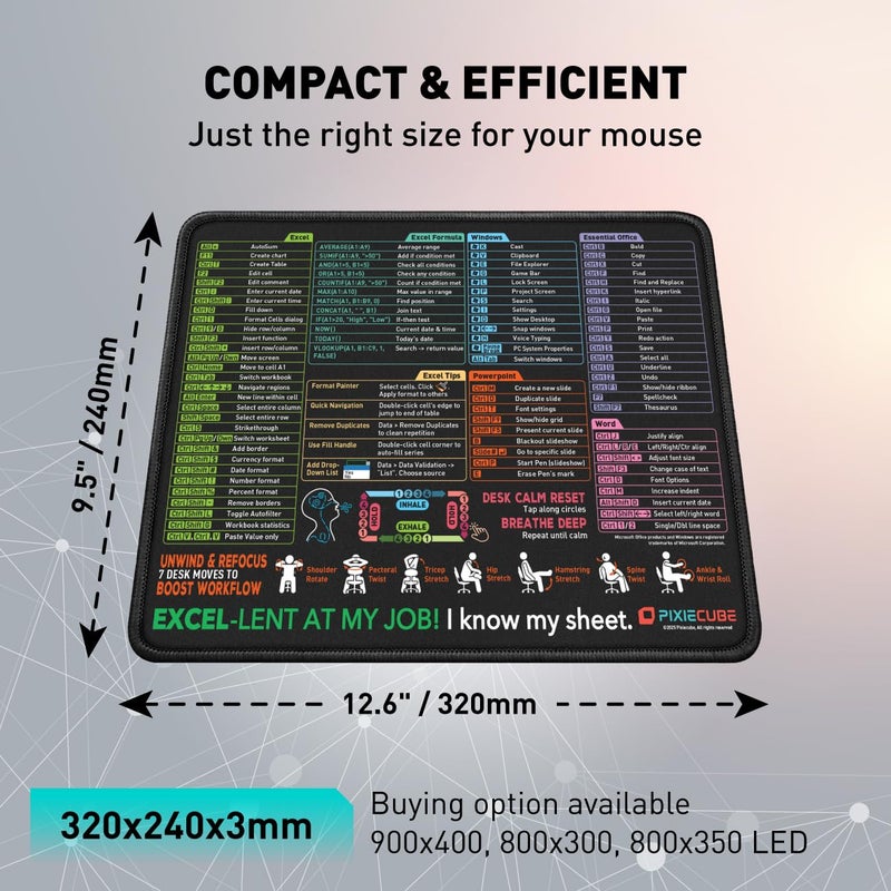 Pixiecube Excel Shortcut Mouse Pad with Windows, Word & PowerPoint Shortcuts - Small Excel Cheat Sheet Desk Pad | Non-Slip Stitched Gaming Mousepad | Large Mouse Pads for Desk Computers & Workstations - Image 2