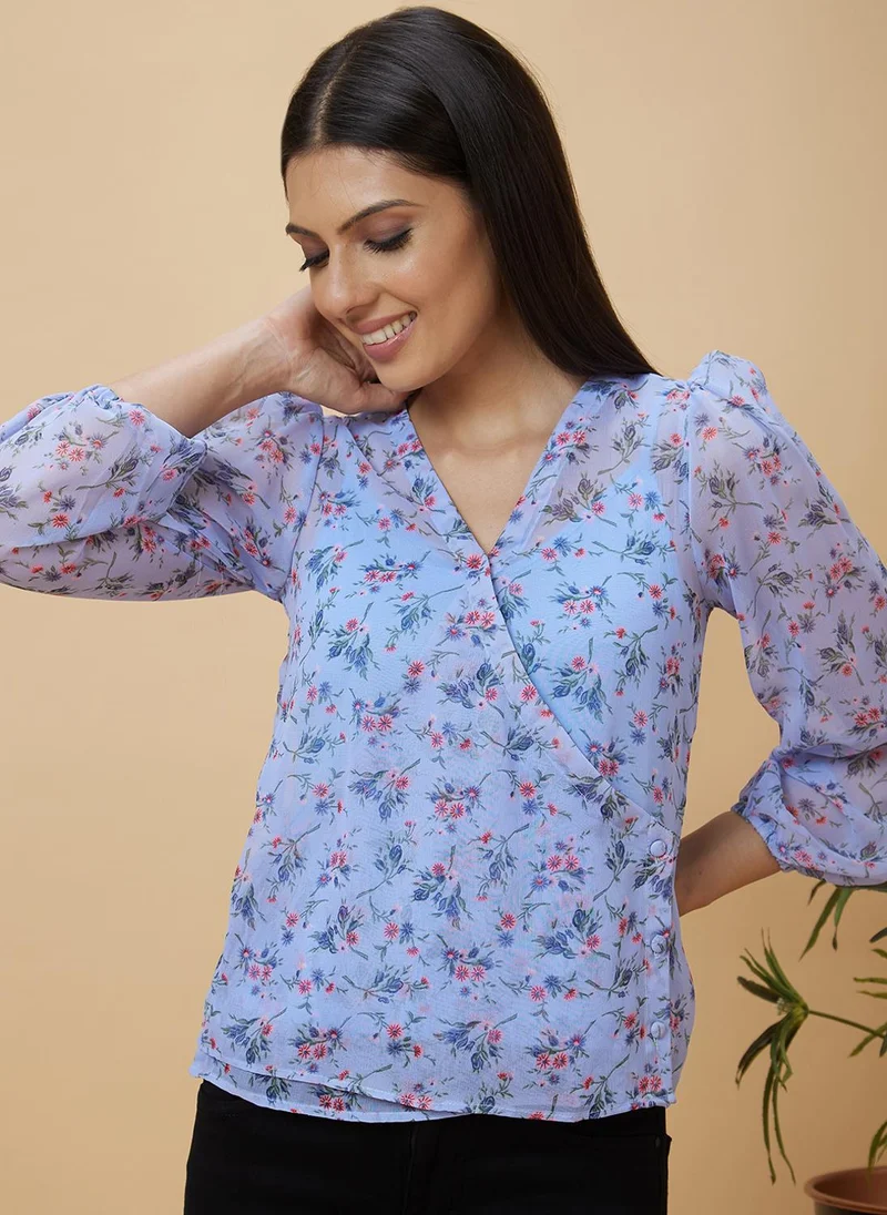 globus Globus Women Blue Floral Printed Puff Sleeve Georgette Wrap Top