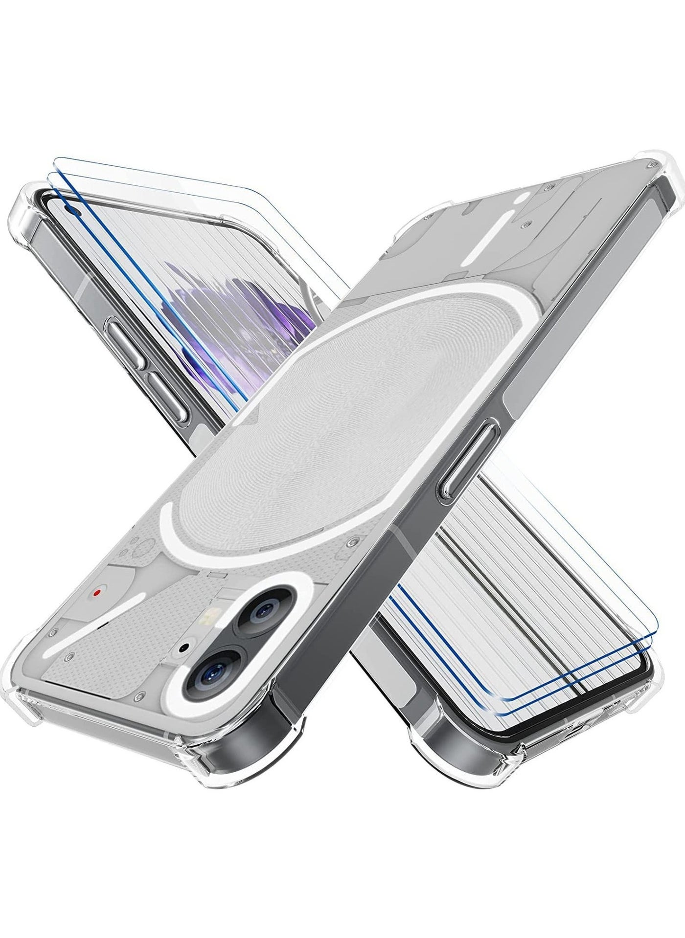 Nothing Phone 1 Case with 2 Pack Tempered Glass Screen Protector, Crystal Clear TPU Silicone Case with Airbag Corners, Drop Protection Cover