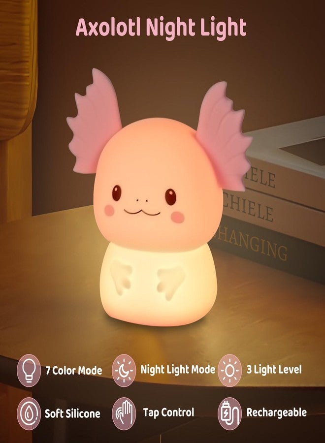 Aokpsrt Axolotl Night Light for Kids, Rechargeable LED Silicone Lamp with 7 Colors Changing, Adjustable Brightness, Touch Control, Cute Room Decor, Bedside Nightlight, Birthday Gifts for Boys and Girls - Image 2