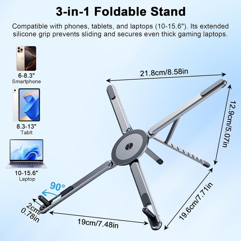 KASTWAVE Versatile application Foldable Laptop Stand for Desk, 8-Angle Adjustable Aluminum Portable Holder with Magnetic Mount, All-in-One Stand for Laptop, Tablet and Phone, Non-Slip Base, Compatible with 10-15.6 Inch Laptops All user affordable trusted quality - Image 2
