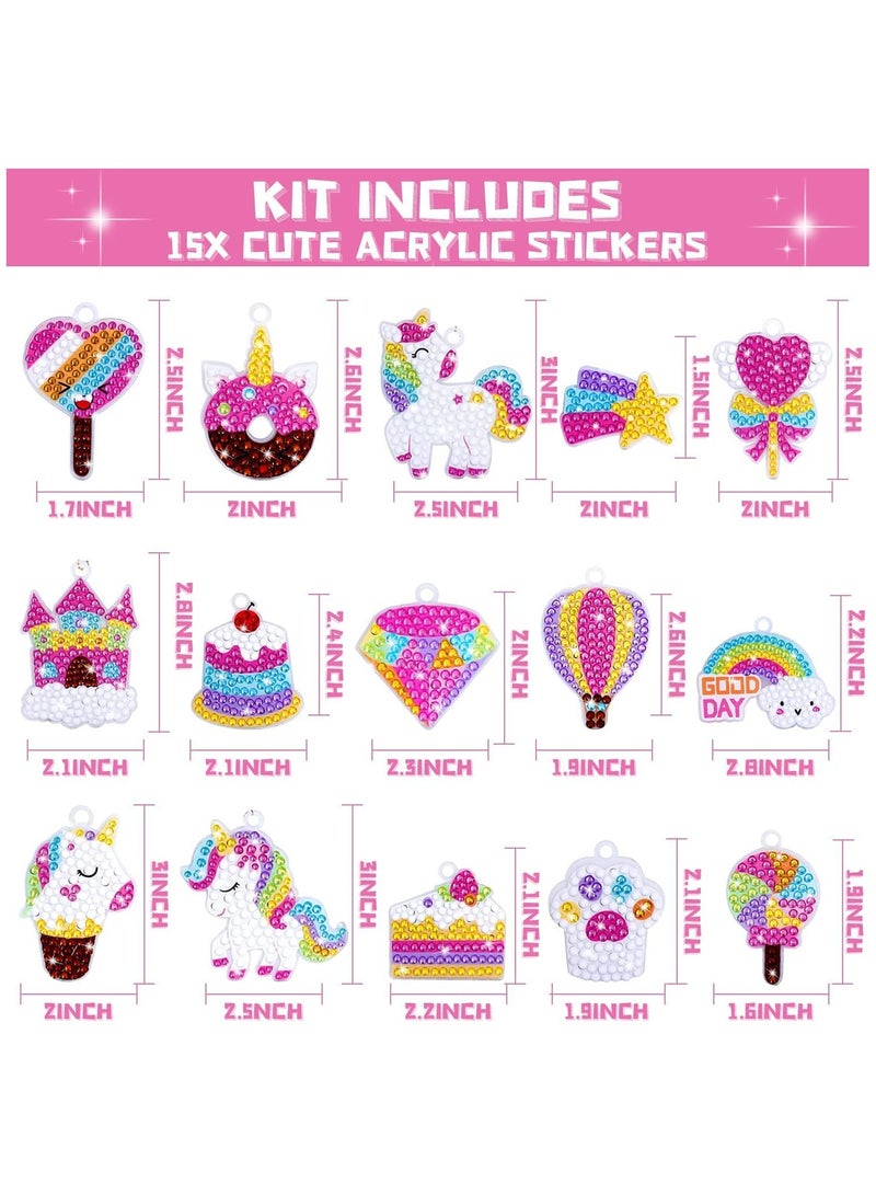 السيد باندا 15 قطعة من الفنون والحرف اليدوية للاطفال، مجموعة الرسم الماسي اصنعي سلاسل المفاتيح الخاصة بك من الاكريليك من فن الارقام والحرف اليدوية، سلاسل المفاتيح اليدوية للبنات والاولاد والاطفال من سن (وحيد القرن) - Image 3