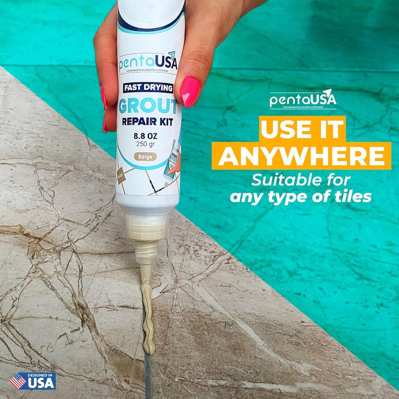 PENTAUSA Tile Grout Repair Kit - Beige Grout Filler, Triple Protection, Fast Drying Formula Restores and Renews Joint Lines with Scraper (Beige, 8.8oz / 250gr) - Image 5