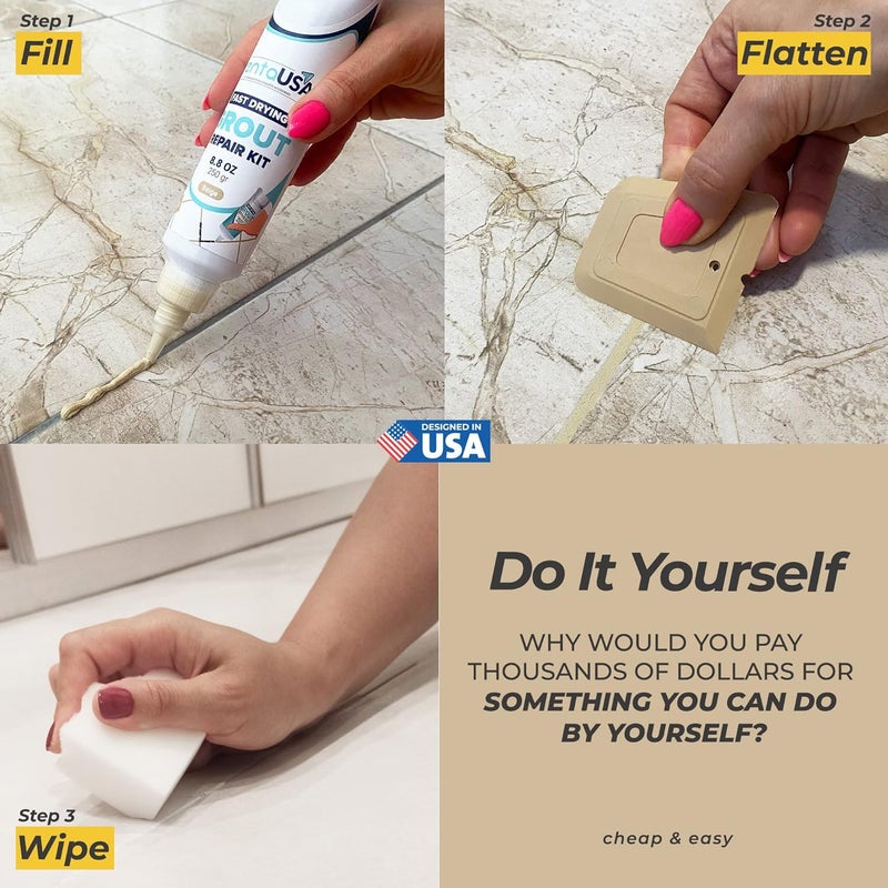 PENTAUSA Tile Grout Repair Kit - Beige Grout Filler, Triple Protection, Fast Drying Formula Restores and Renews Joint Lines with Scraper (Beige, 8.8oz / 250gr) - Image 2