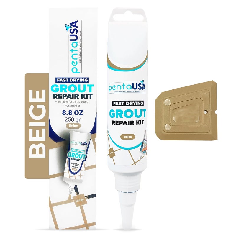 PENTAUSA Tile Grout Repair Kit - Beige Grout Filler, Triple Protection, Fast Drying Formula Restores and Renews Joint Lines with Scraper (Beige, 8.8oz / 250gr) - Image 1