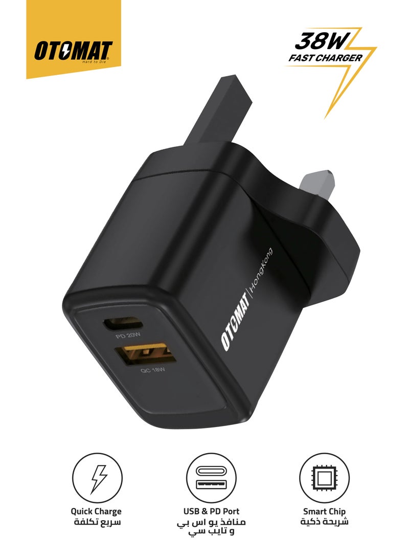 OTOMAT 38W Dual Port PD and QC Fast Charger (20W Type-C PD + 18W QC) – Innovative SIC Tech for iPhone, Android, Power Banks, Tablets – Black - Image 1