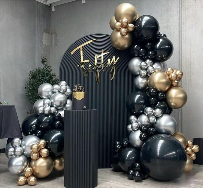 MEBAY Black Gold Silver Balloons Garland Arch Kit, 141Pcs Latex Balloons Different Sizes 18 12 10 5 Inch for Party Decorations, Wedding Backdrop, Birthday, Baby Shower, Graduation - Image 3