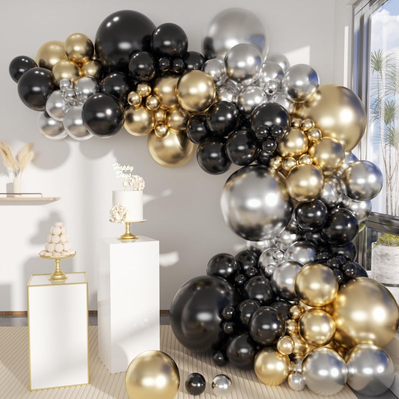MEBAY Black Gold Silver Balloons Garland Arch Kit, 141Pcs Latex Balloons Different Sizes 18 12 10 5 Inch for Party Decorations, Wedding Backdrop, Birthday, Baby Shower, Graduation - Image 1