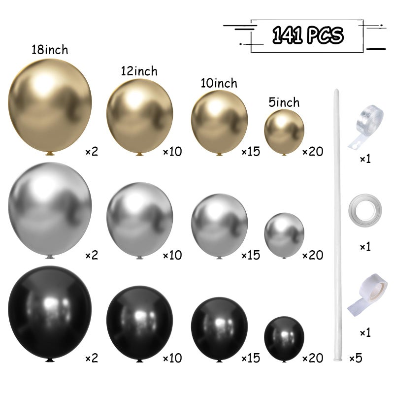 MEBAY Black Gold Silver Balloons Garland Arch Kit, 141Pcs Latex Balloons Different Sizes 18 12 10 5 Inch for Party Decorations, Wedding Backdrop, Birthday, Baby Shower, Graduation - Image 2
