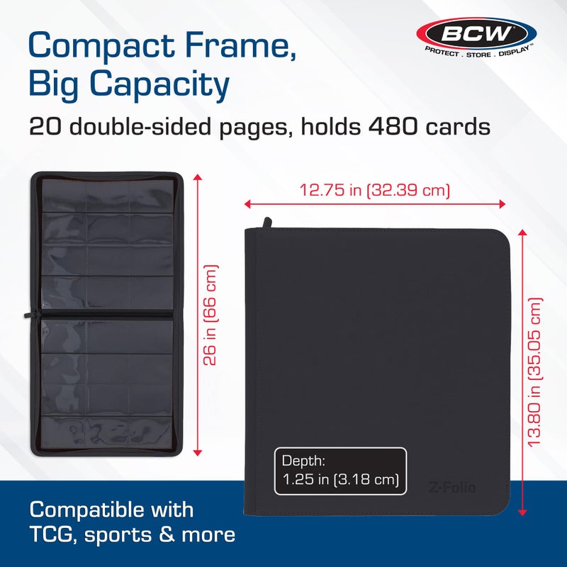 BCW 12-Pocket Zipper-Folio LX Trading Card Binder (Black) | Card Collection Binder with 480 Card Capacity | Archival Safe Pages | Secure Wrap-Around Zipper | Pocket Trading Card Holder Album - Image 3