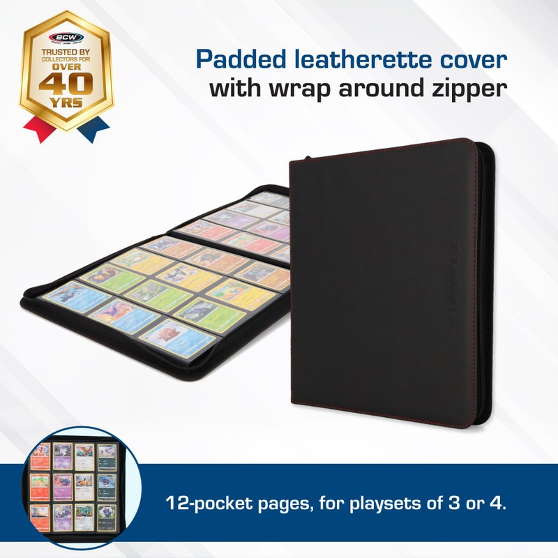 BCW 12-Pocket Zipper-Folio LX Trading Card Binder (Black) | Card Collection Binder with 480 Card Capacity | Archival Safe Pages | Secure Wrap-Around Zipper | Pocket Trading Card Holder Album - Image 2