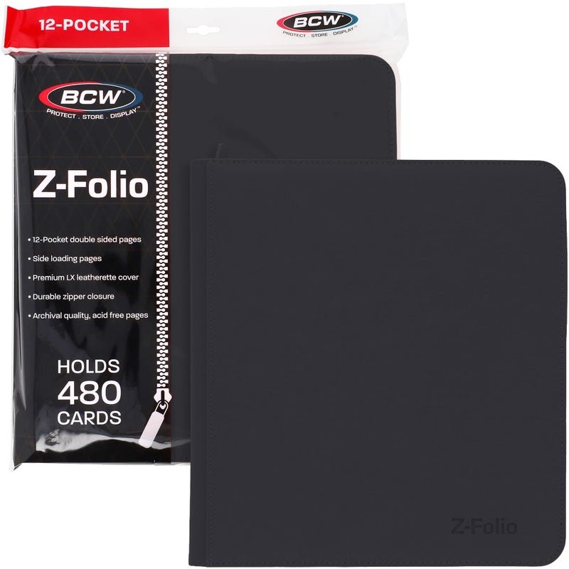 BCW 12-Pocket Zipper-Folio LX Trading Card Binder (Black) | Card Collection Binder with 480 Card Capacity | Archival Safe Pages | Secure Wrap-Around Zipper | Pocket Trading Card Holder Album - Image 1