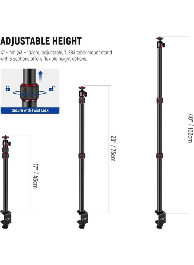 Neewer NEEWER Extendable Camera Desk Mount with 1/4" Ball Head, 17”-40” Adjustable Table Light Stand with 1/4" Screw Adapter and C Clamp for DSLR Camera, Ring Light, Live Stream, Vlog, Max Load: 6.6lb/3kg  - Image 2