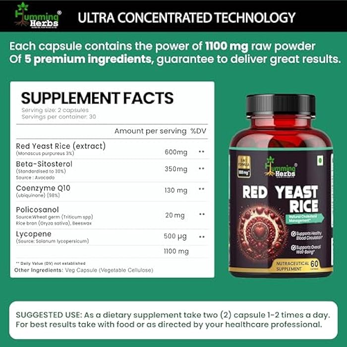 Humming Herbs Red Yeast Rice 1100mg with CoQ10, Policosanol, Beta Sitosterol & Lycopene Formula 60 Capsules - Image 3