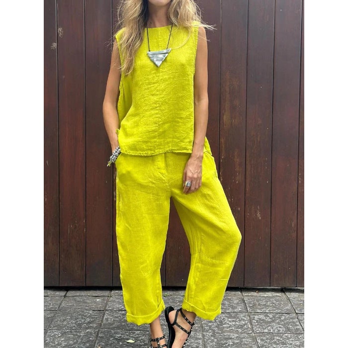 2024 Spring and Summer New Cotton Linen Fashion Casual Loose Two-piece Sleeveless Top Loose Pants Womens suit Yellow - Image 1