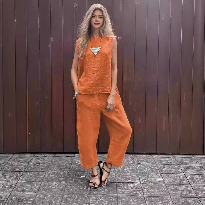 2024 Spring and Summer New Cotton Linen Fashion Casual Loose Two-piece Sleeveless Top Loose Pants Womens suit Yellow - Image 3