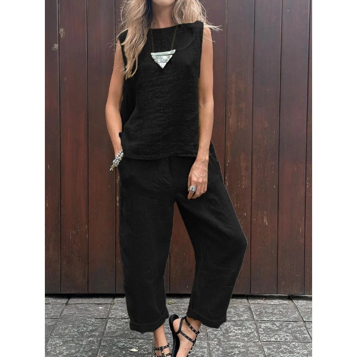 2024 Spring and Summer New Cotton Linen Fashion Casual Loose Two-piece Sleeveless Top Loose Pants Womens suit Yellow - Image 4