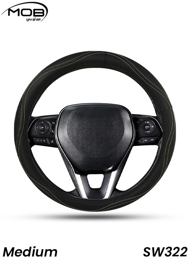 MOB Steering Wheel Cover SW322 Medium 37–38cm  Universal Fit for Cars, SUVs, Trucks  Anti-Slip, Durable Leather with Soft Padding, Breathable, Sweat-Absorbing, Easy to Install, Stylish Interior Protection, BLACK - Image 1