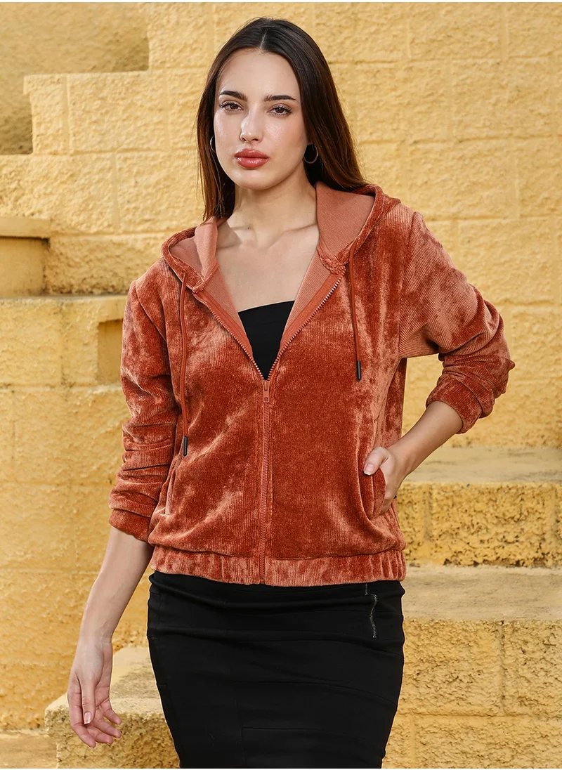 Campus Sutra Women's Rust Orange Zip-Front Ribbed Hoodie