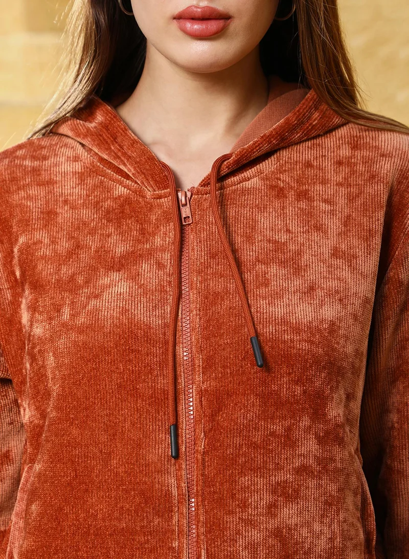 كامبوس سوترا Women's Rust Orange Zip-Front Ribbed Hoodie