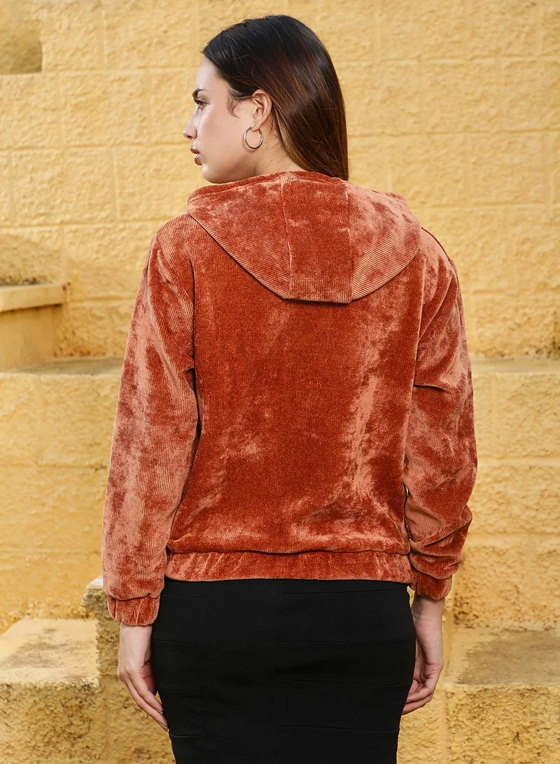 كامبوس سوترا Women's Rust Orange Zip-Front Ribbed Hoodie