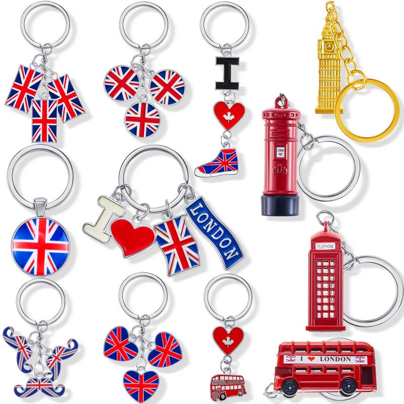 Henoyso 12 Pack London Souvenir Gifts British Landmark Keychains Metal Keyrings with UK Flag Phone Booth Big Ben DoubleDecker Bus for Party Decoration Multi Styles - Image 2