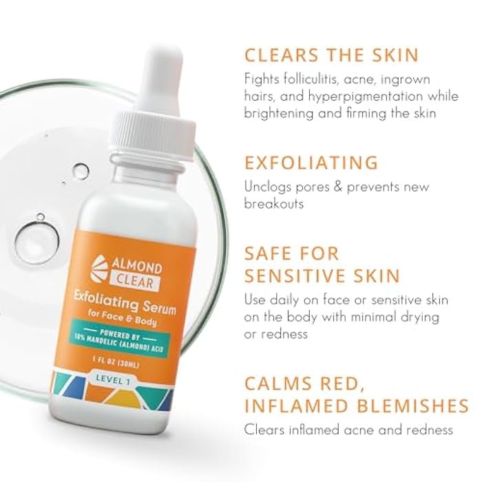 Almond Clear Face & Body Clearing Serum, Level 1- for acne, folliculitis, aging skin, ingrown hairs, dark spots - face, chest, butt, back, thighs, arms - mandelic acid - 1 fl oz - Image 2