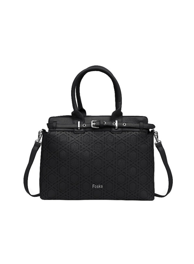 فوسكا حقيبة كتف نسائية فوسكا ذات تصميم هيكلي - تصميم بنسيج هندسي مع مقابض علوية وحزام قابل للتعديل - أسود - Image 1