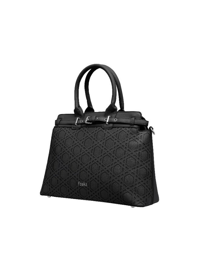 فوسكا حقيبة كتف نسائية فوسكا ذات تصميم هيكلي - تصميم بنسيج هندسي مع مقابض علوية وحزام قابل للتعديل - أسود - Image 2