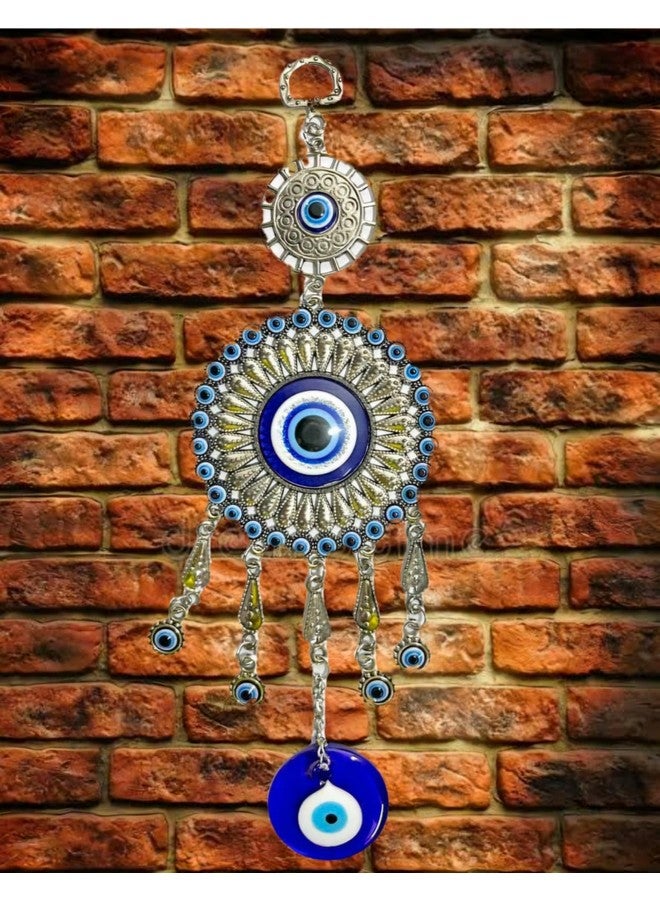 DT DECTONE Plastic Lucky Hamsa Hand Nazar Battu, Evil Eye Hanging with Bells for Car and Home Enterence, Fengshui for Positive Energy (Round)Blue - Image 2