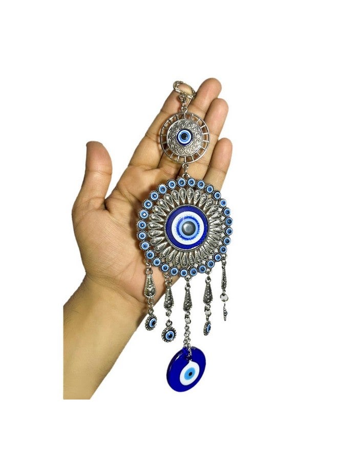 DT DECTONE Plastic Lucky Hamsa Hand Nazar Battu, Evil Eye Hanging with Bells for Car and Home Enterence, Fengshui for Positive Energy (Round)Blue - Image 1