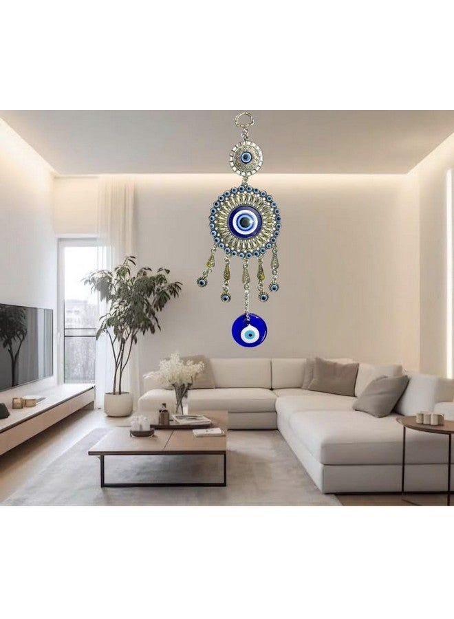 DT DECTONE Plastic Lucky Hamsa Hand Nazar Battu, Evil Eye Hanging with Bells for Car and Home Enterence, Fengshui for Positive Energy (Round)Blue - Image 4