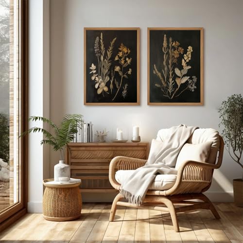 Tanmart Vintage Floral Wall Art Decor Black Botanical Canvas Art Moody Flower Wall Art Dark Academia Poster Painting Vintage Floral Prints Pictures for Bedroom Living Room 12x16 Inch Wood Framed Set of 2 - Image 5