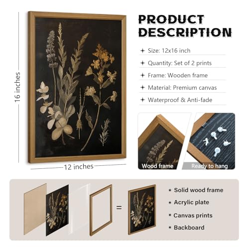 Tanmart Vintage Floral Wall Art Decor Black Botanical Canvas Art Moody Flower Wall Art Dark Academia Poster Painting Vintage Floral Prints Pictures for Bedroom Living Room 12x16 Inch Wood Framed Set of 2 - Image 2