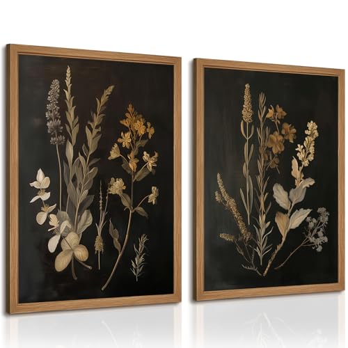 Tanmart Vintage Floral Wall Art Decor Black Botanical Canvas Art Moody Flower Wall Art Dark Academia Poster Painting Vintage Floral Prints Pictures for Bedroom Living Room 12x16 Inch Wood Framed Set of 2 - Image 1