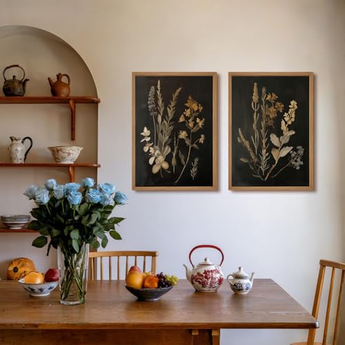 Tanmart Vintage Floral Wall Art Decor Black Botanical Canvas Art Moody Flower Wall Art Dark Academia Poster Painting Vintage Floral Prints Pictures for Bedroom Living Room 12x16 Inch Wood Framed Set of 2 - Image 4