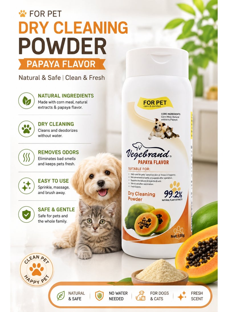 Pet Dry Cleaning Powder for Dogs & Cats – Papaya Fragrance, Waterless Pet Grooming Powder, Deodorizing & Coat Freshener