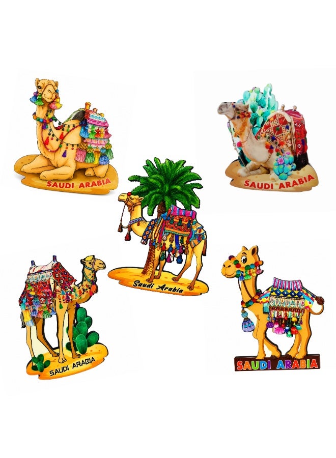 ARAB SOUVENIRS Saudi Arabia Camel Fridge Magnet Set – 5‑Piece Wooden Souvenir Collection Featuring Colorful Desert Camels, Palm Tree & Cactus Design, Arabian Heritage Decor Gift for Travelers & Collectors - Image 1