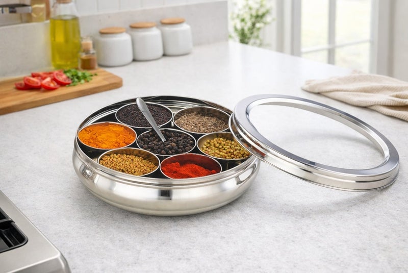 Decent Stainless Steel Deluxe Spice Box (12 Inch) | 7 Cups Masala Box with Transparent Lid | Premium Kitchen Spice Organizer - Image 4