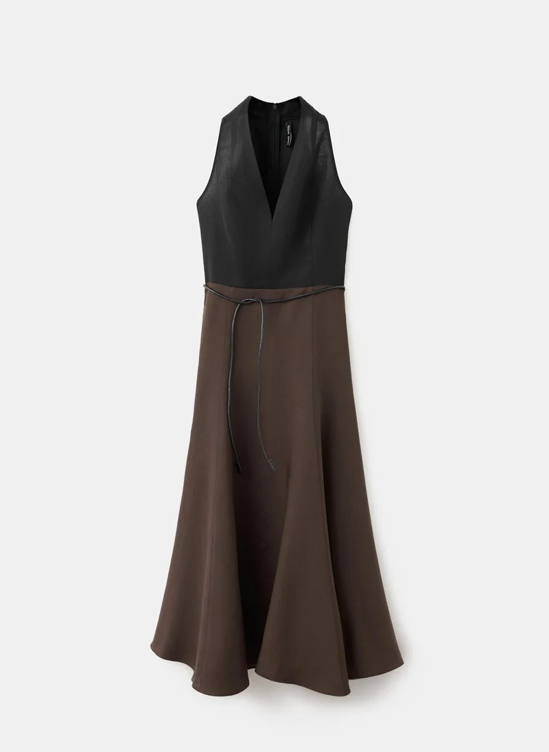 Mango 99-NEGRO Bicolour Lyocell Dress With Belt for Women | Best Price UAE
