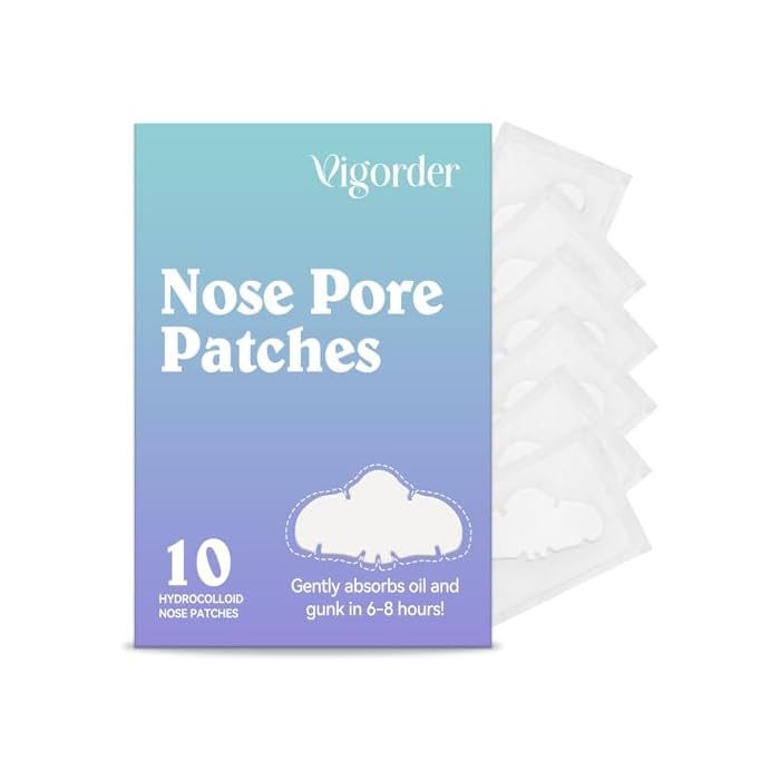 Vigorder Nose Pore Patches, Hydrocolloid Nose Patches, Targets Pimple, Pores & Oil, Acne Strips to Absorb Acne Gunk Overnight (10 Pack)