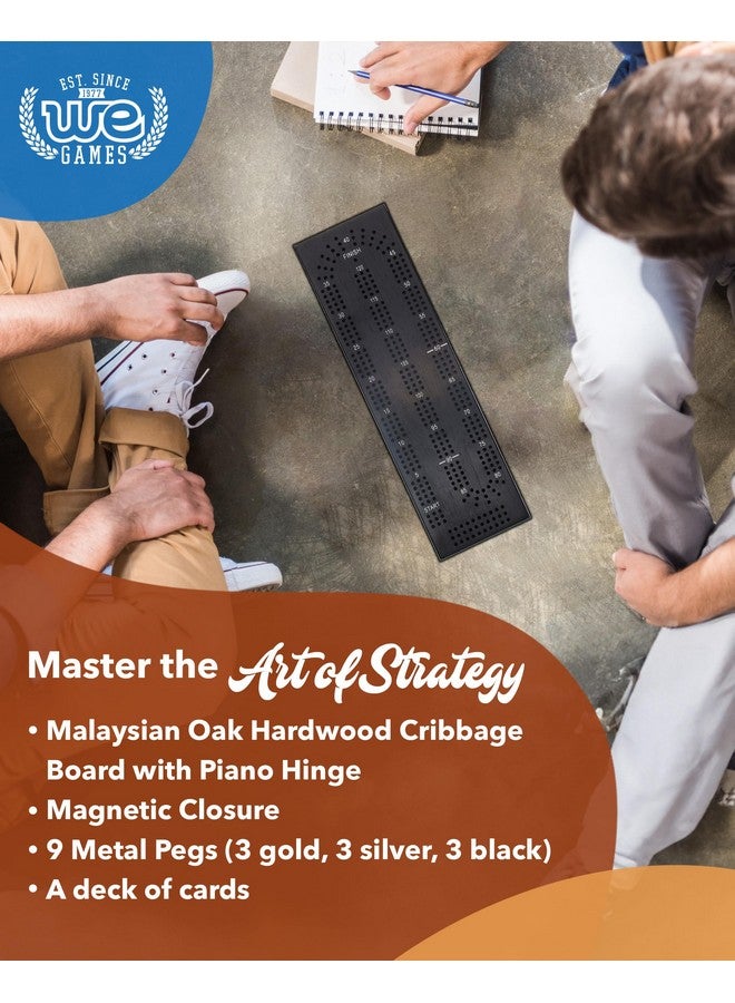 WE Games Wooden Cribbage Board Game Set with Storage, Black Stained Continuous 3 Track Card Game for 2-3 Players - Image 4