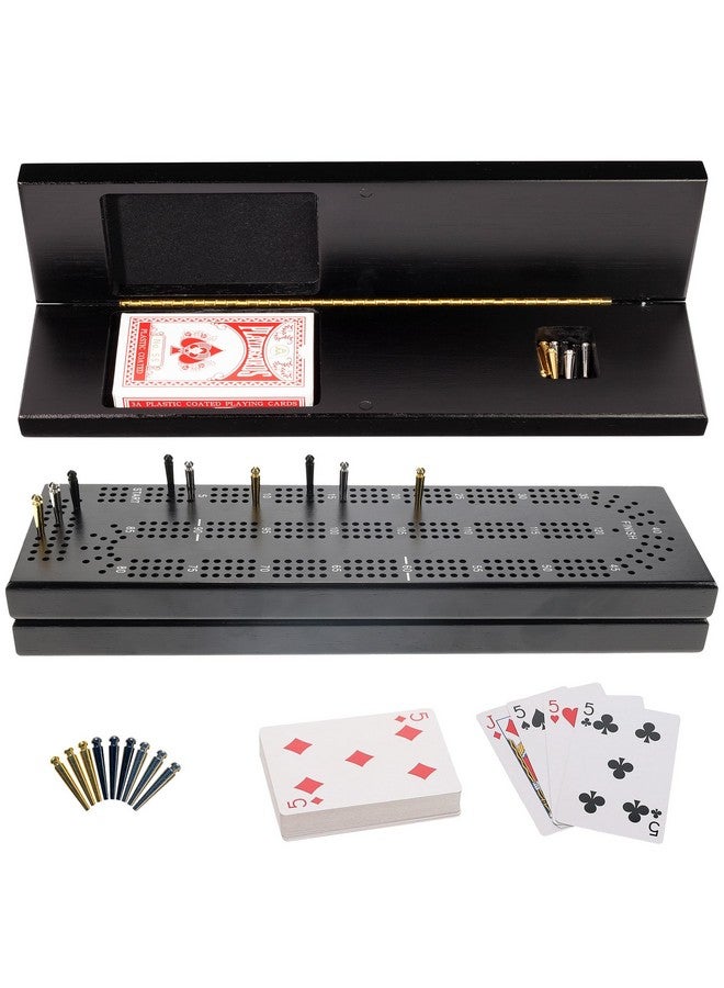 WE Games Wooden Cribbage Board Game Set with Storage, Black Stained Continuous 3 Track Card Game for 2-3 Players - Image 1