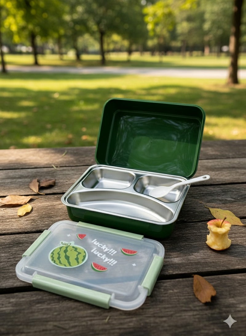 Toshionics Microwave Safe Stainless Steel Lunch Box – 1.2L – with 3 Compartments, Leakproof Lid, Spoon, BPA Free, Freezer & Dishwasher Safe – for Kids & Adults – Ideal for School, Office, Gym, Travel – 21 x 15 x 5 cm - Image 1