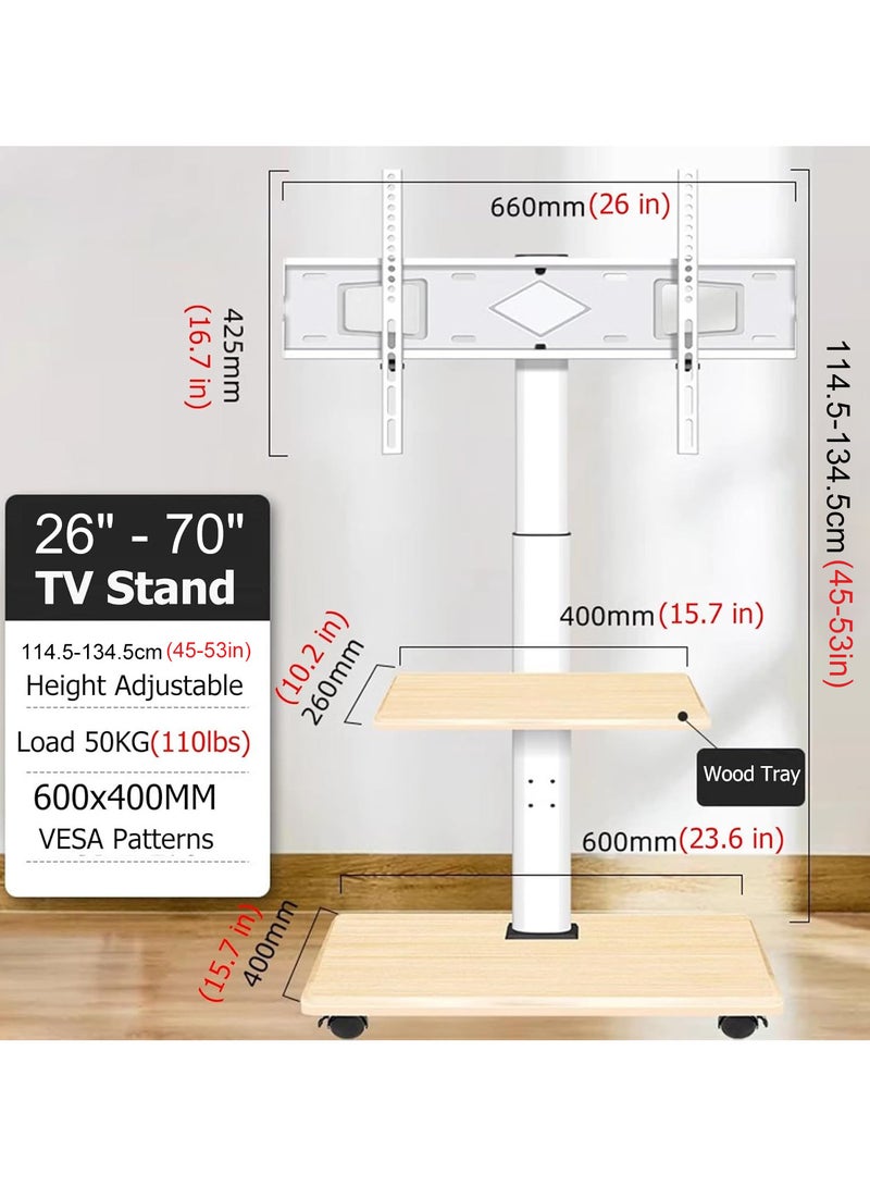 NOAEOU Mobile TV Floor Stand Cart, Movable TV Stand with Wheels Suitable for 26-70 Inch Screen, TV Cart, Swivel & Height Adjustable,for Family Living Room Bedroom Meeting (White)  - Image 2