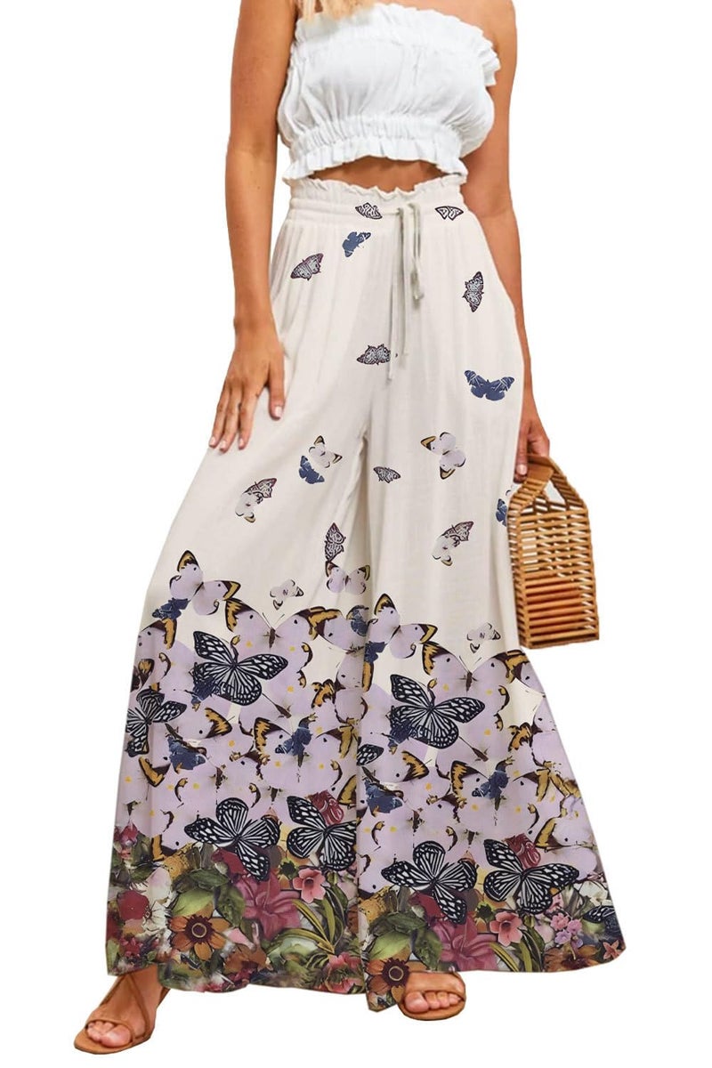 YOCUR Summer High Waisted Pants for Women Flared Boho Beach Vacation Wide Leg Pants Printed Loose Flowy Palazzo Lounge Trousers Boho Butterfly White S