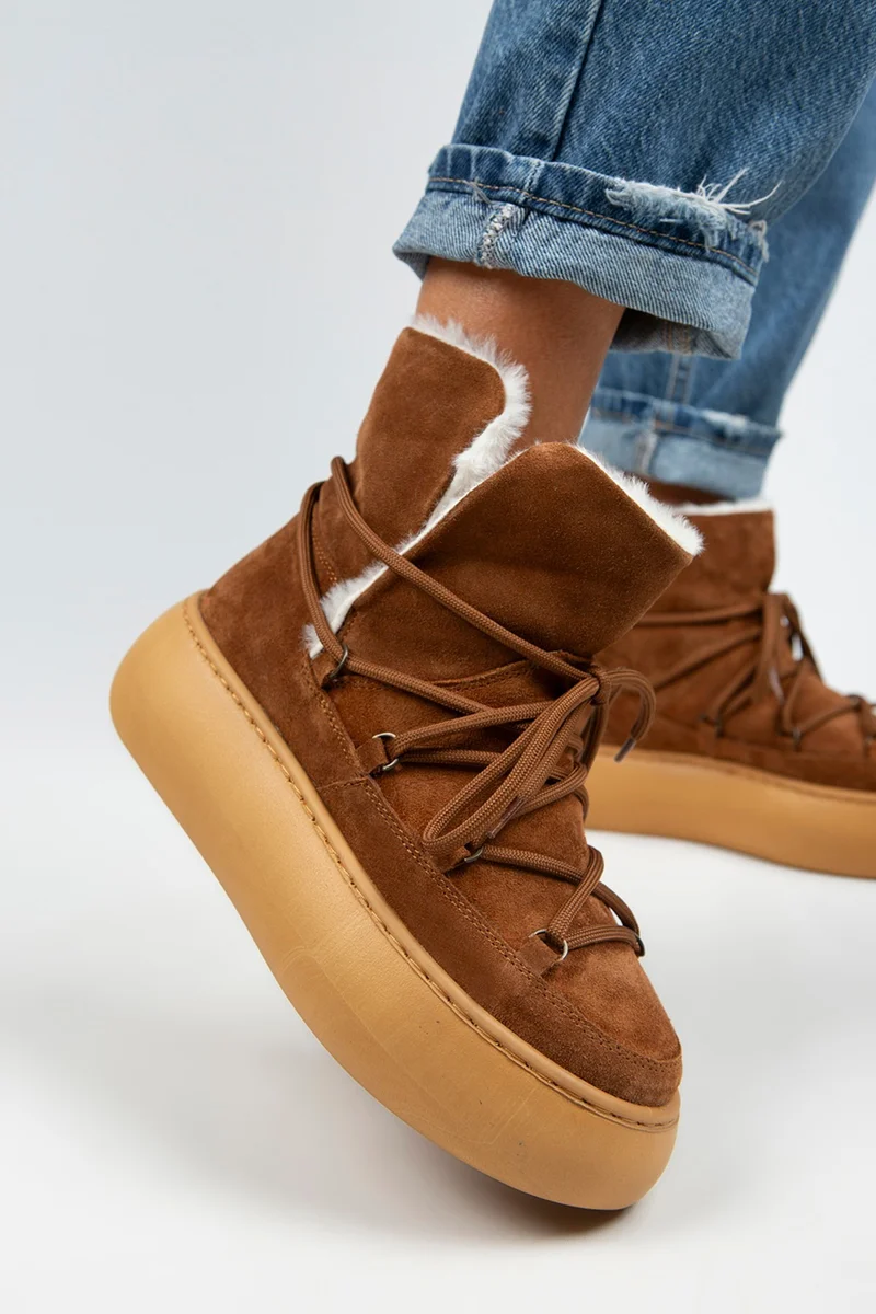 Manijero Manijero Haven Women's Genuine Leather Lace-up Fur-Lined Tan Boots