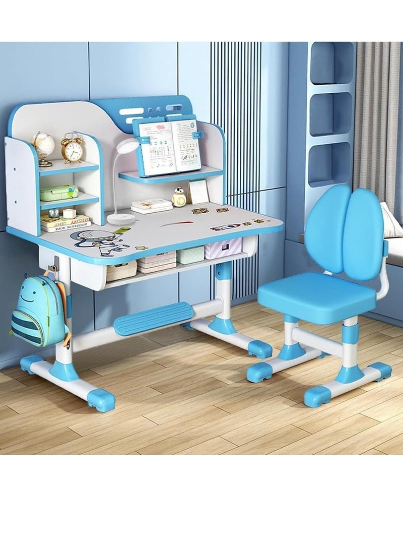UKR Adjustable Kids Study Learning Desk and Chair Set Ergonomic Study Table with Bookshelf, Drawer Storage, Shelves, Table Lamp & Fun Stickers (Blue) - Image 1